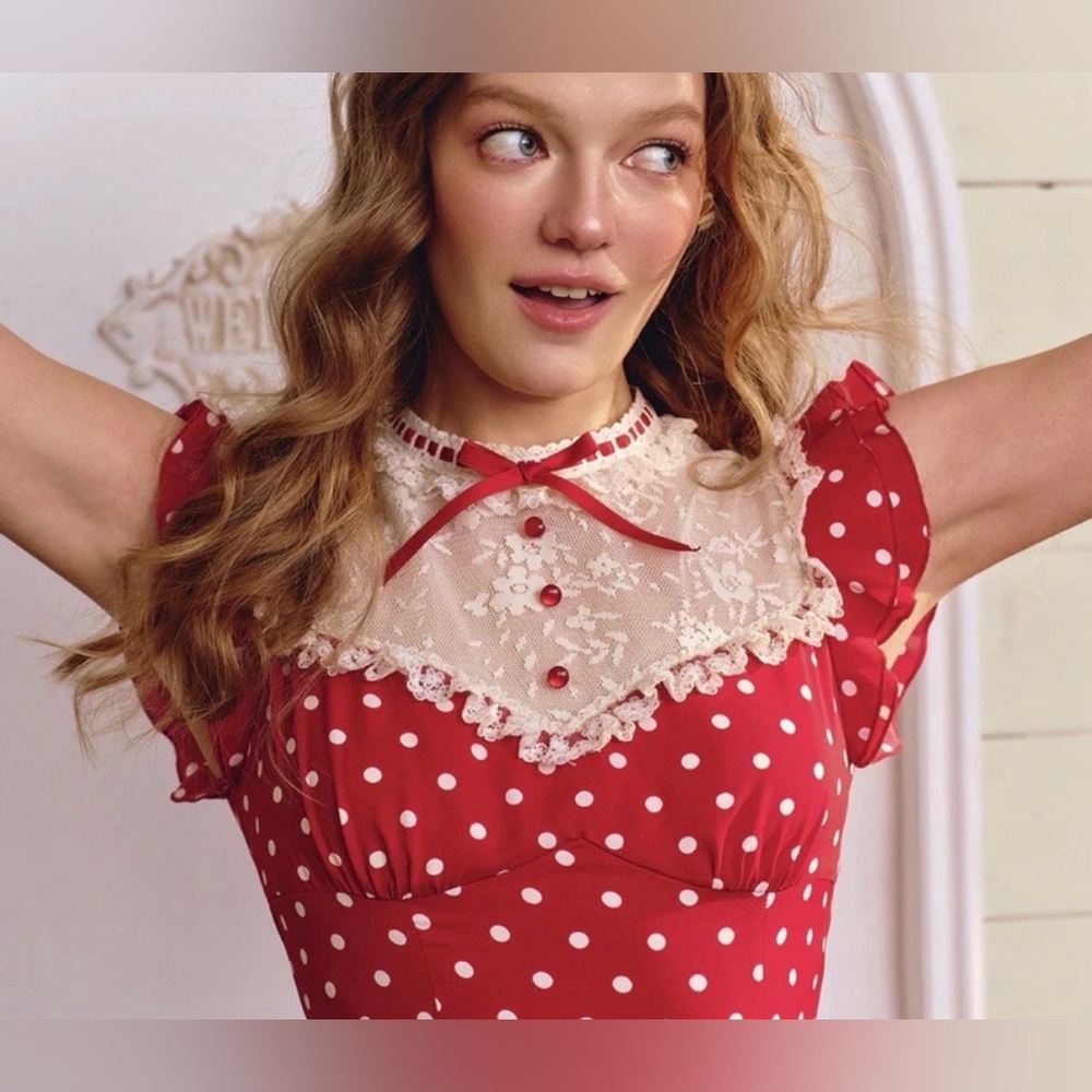 Red Polka Dot Mini Dress with Cream Lace Yoke